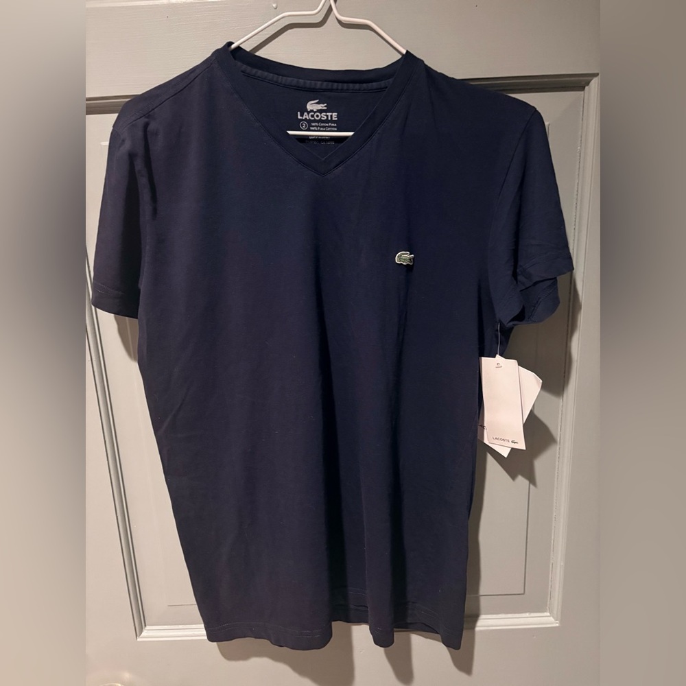 Lacoste Women’s Dark Blue V-Neck Tee. Size 4. New with Tags
